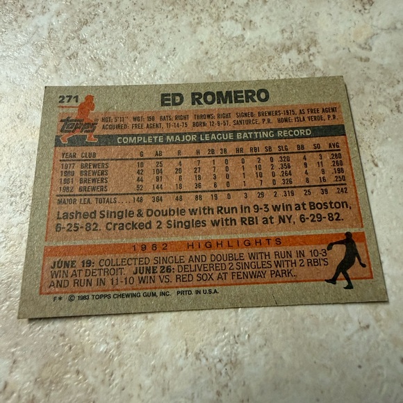 Topps Ed Romero Baseball Card with Orange and Black Accents - Picture 2 of 2